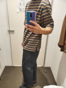 2021年春夏ユニクロUボーダーボートネックTのダークグレーM横