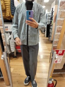 2021awデニムオーバーサイズスタンドカラーシャツのストライプM前